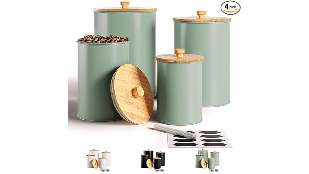 four canisters with labels