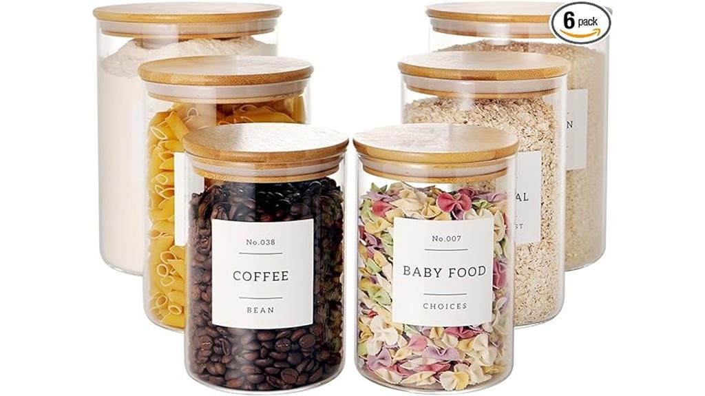 glass jars with pantry labels