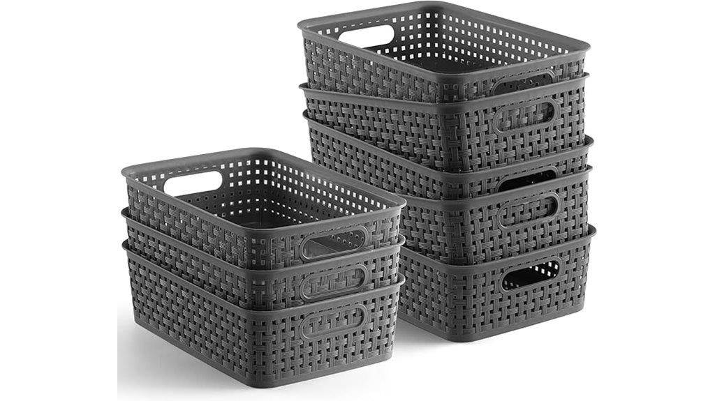 gray plastic storage baskets