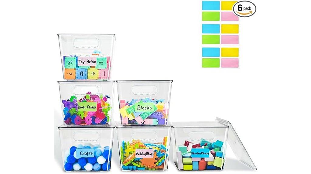 six clear toy bins