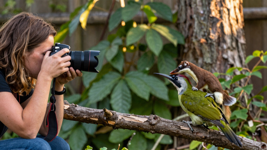 A photographer captured a weasel riding on the back of a green woodpecker