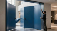 blue aluminum panels curve to shape a whale-like entrance gate by wutopia lab