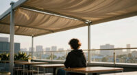 Heatherwick Studio and SPPARC shelter rooftop terrace with pleated canopy at London's Olympia