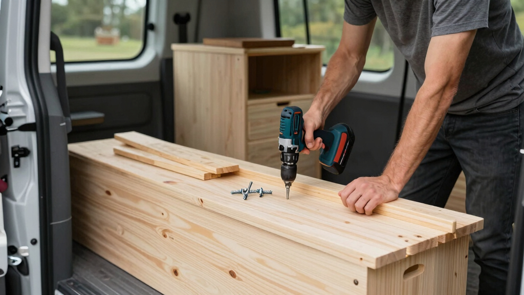 Storage bench build in a van