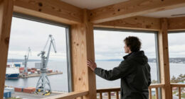 timber observation tower reinterprets kola bay’s industrial shoreline in russia