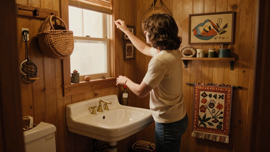 A Basically All-Wood Paneled '70S Bathroom Got An Americana Folk Makeover