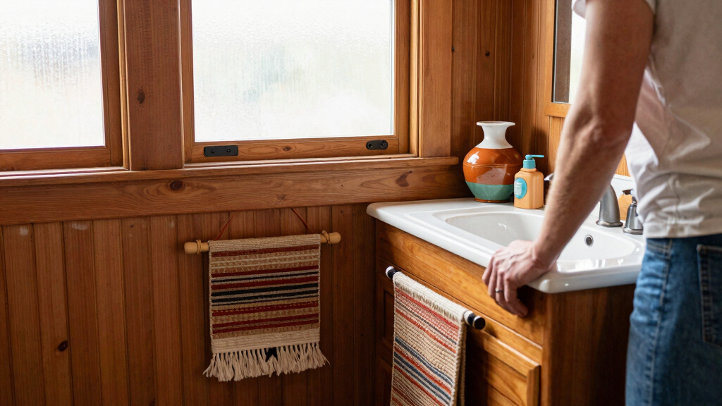 A Basically All-Wood Paneled '70s Bathroom Got an Americana Folk Makeover