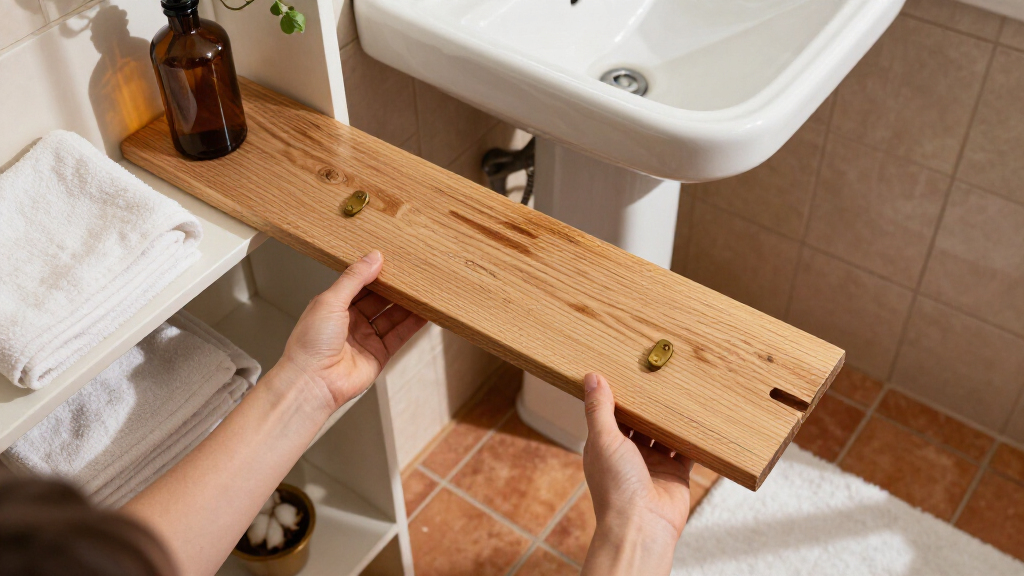 Hide Open Bathroom Shelves With One Piece Of Secondhand Wood